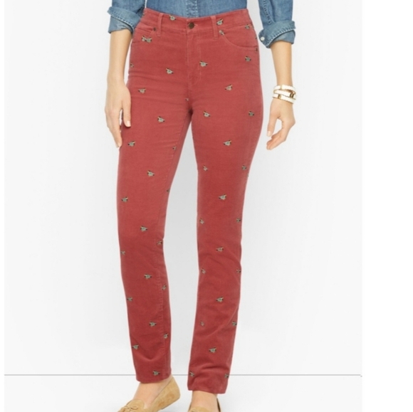 Talbots Pants - Talbots Stretch Corduroy Straight Leg Pants Mallard Duck Embroidered SZ 8 Petite